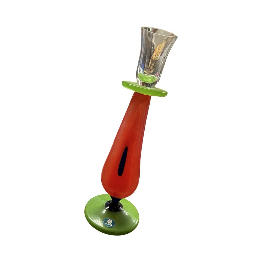 B.A.G. Czech Republic Art Glass Candlestick Holder Red Green Postmodern